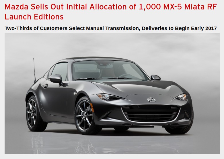 Mazda Sells Out Initial Allocation of 1 000 MX 5 Miata RF Launch Editions Inside Mazda